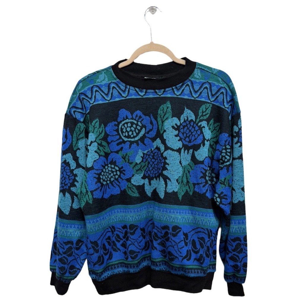 Vintage 80s 90s Floral Tapestry Sweater Medium Blue Oversize Pullover Granny